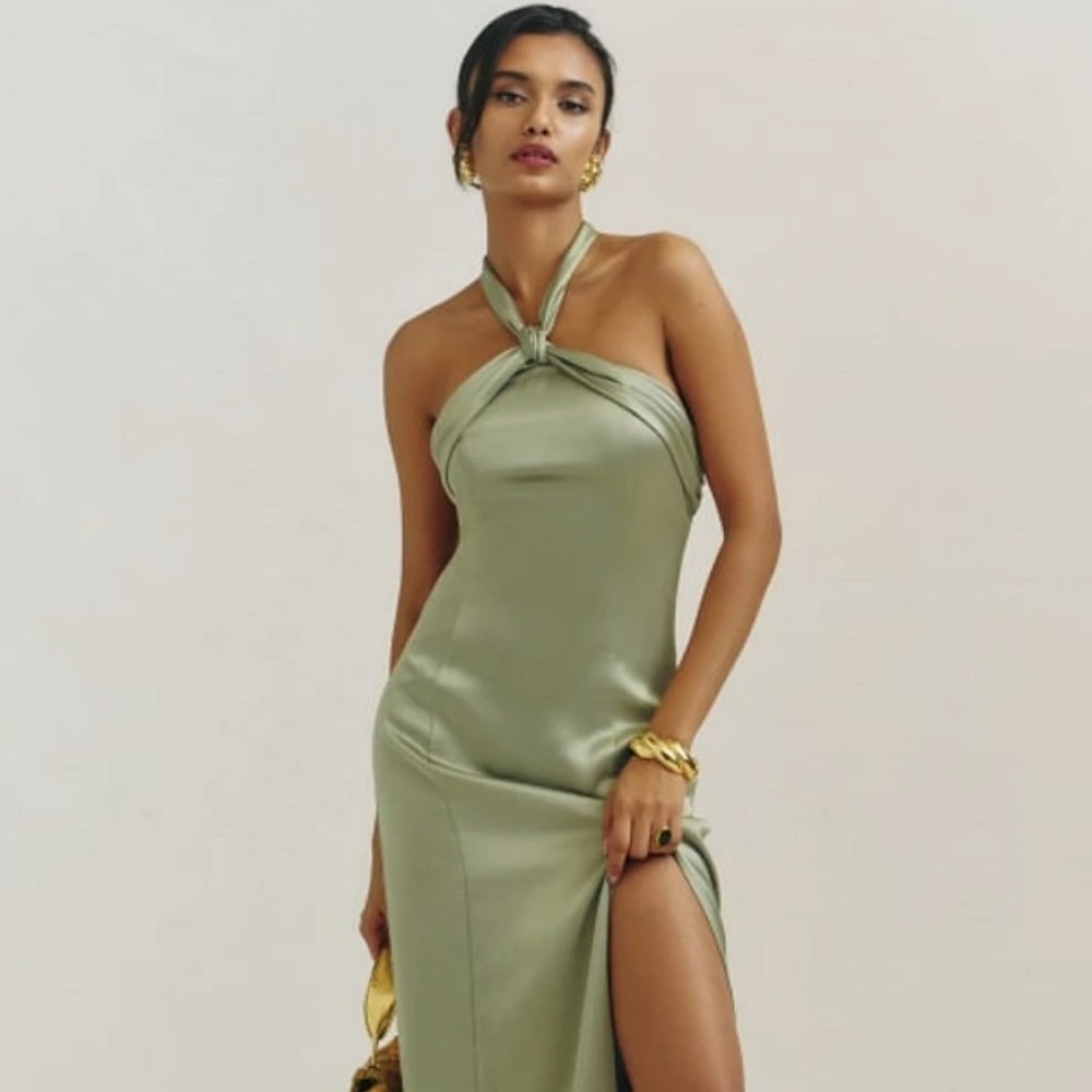 Reformation Olive Green Halter Maxi Dress